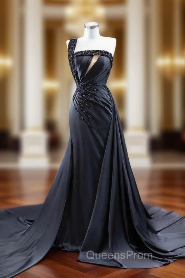 Black Satin One Shoulder Pleats Beading Evening Prom Dress