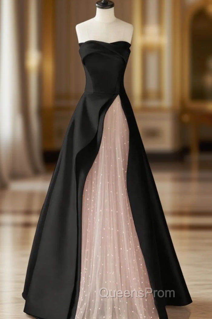 Black Satin Pink Tulle Strapless Evening Prom Dress