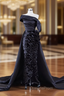 Black Satin Pleats Ruffles Evening Prom Dress