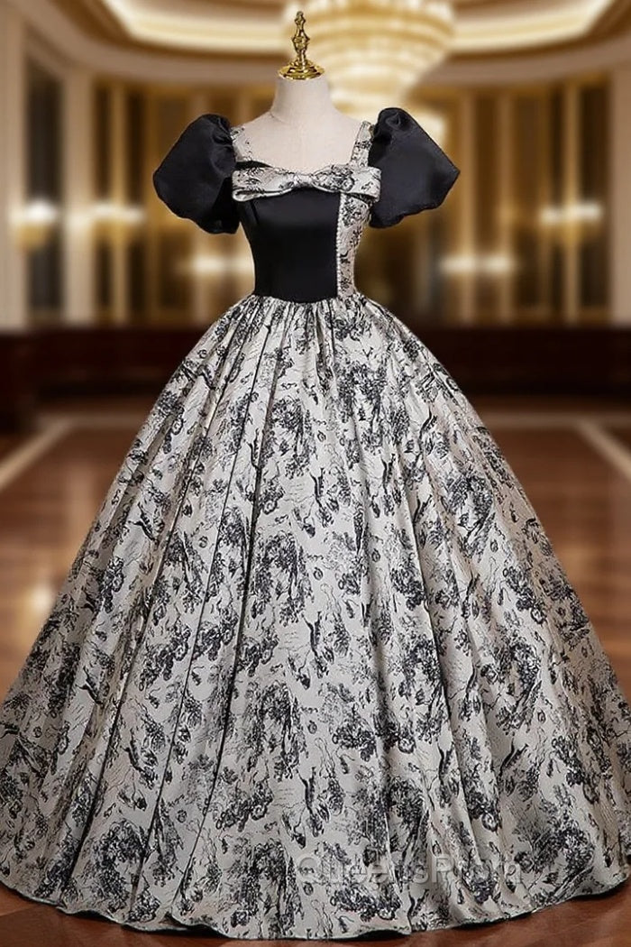 Black Satin Print Short Sleeve Quinceanera Dress Main image