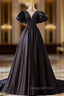 Black Satin Puff Sleeve Beading Evening Prom Dress