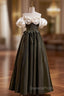 Black Satin Puff Sleeve Flower Evening Prom Dress