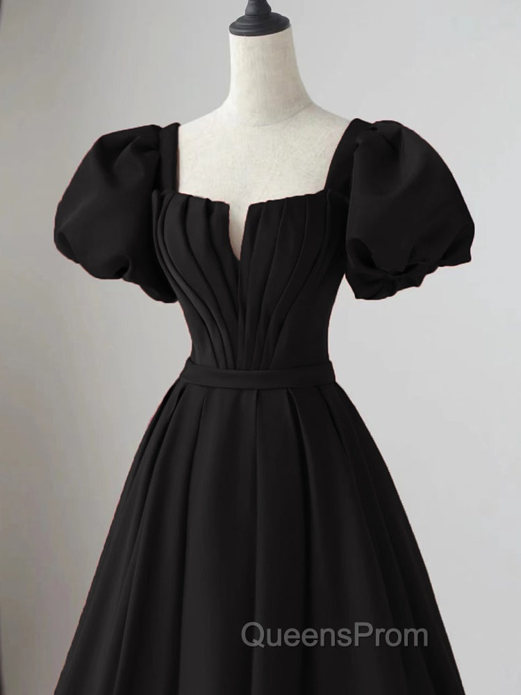 Black Satin Puffy Sleeves Long Evening Party Dress, Black Long Evening Prom Dress Secondary image