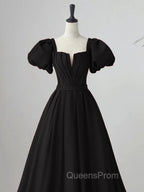 Black Satin Puffy Sleeves Long Evening Party Dress, Black Long Evening Prom Dress