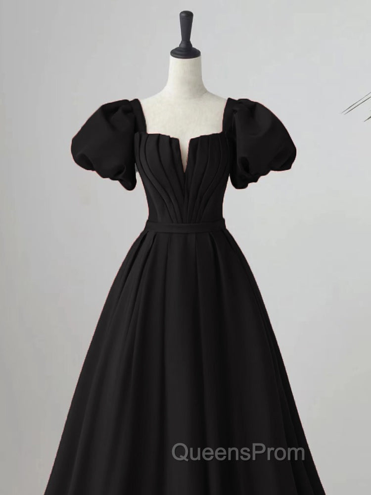 Black Satin Puffy Sleeves Long Evening Party Dress, Black Long Evening Prom Dress