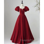 Black Satin Puffy Sleeves Long Evening Party Dress, Black Long Evening Prom Dress