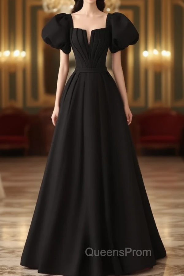 Black Satin Puffy Sleeves Long Evening Party Dress, Black Long Evening Prom Dress Main image