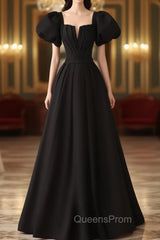 Black Satin Puffy Sleeves Long Evening Party Dress, Black Long Evening Prom Dress