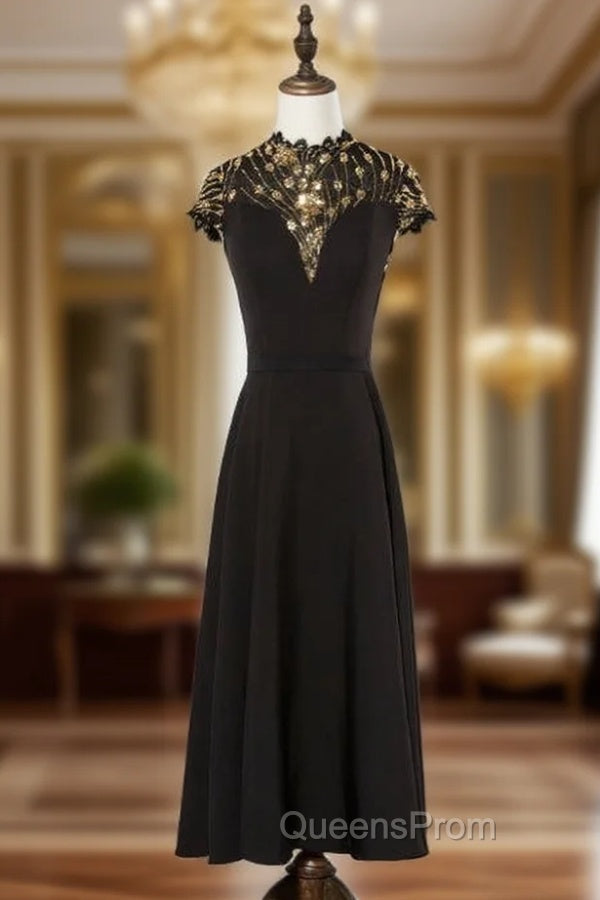 Black Satin Sequins Cap Sleeve High Neck Evening Prom Dress Main image