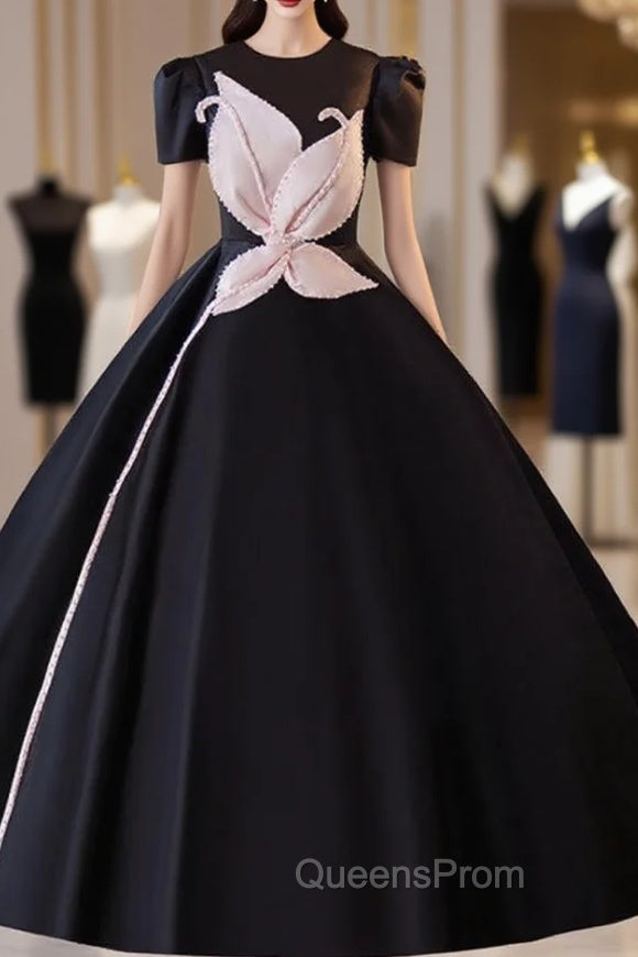 Black Satin Short Sleeve Ball Gown Evening Prom Dress Main image