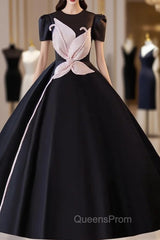 Black Satin Short Sleeve Ball Gown Evening Prom Dress