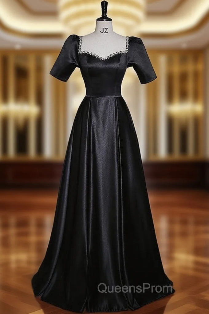 Black Satin Short Sleeve Beading Evening Prom Dress Main image