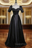 Black Satin Short Sleeve Beading Evening Prom Dress
