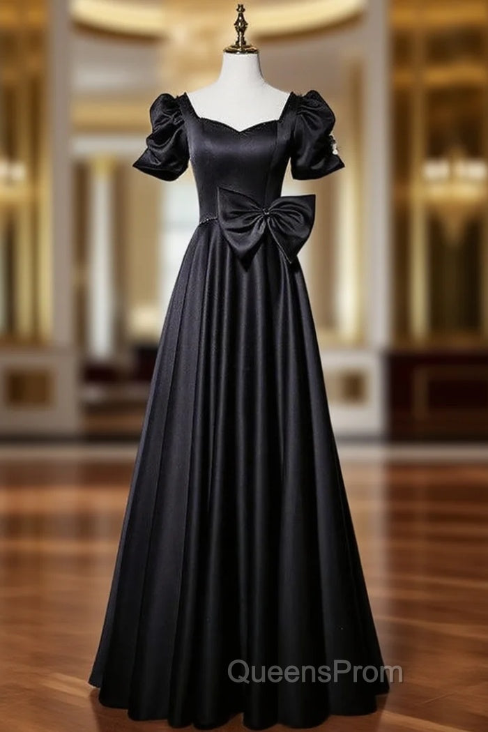 Black Satin Short Sleeve Bow Evening Prom Dress Main image