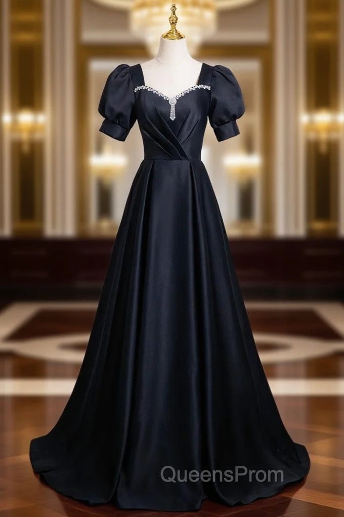 Black Satin Short Sleeve Pleats Evening Prom Dress
