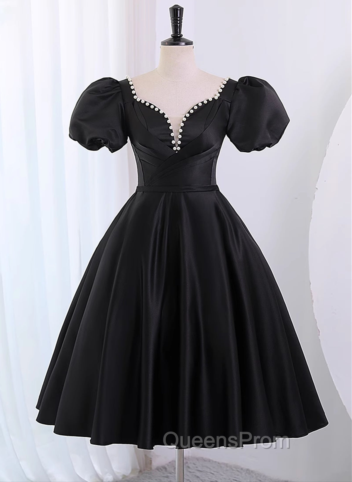 Black Satin Short Sleeves Knee Length Party Dress, Black Homecoming Dress Main image