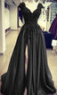 Black Satin Slit Dress With Lace Embroidery Classy Prom Dress
