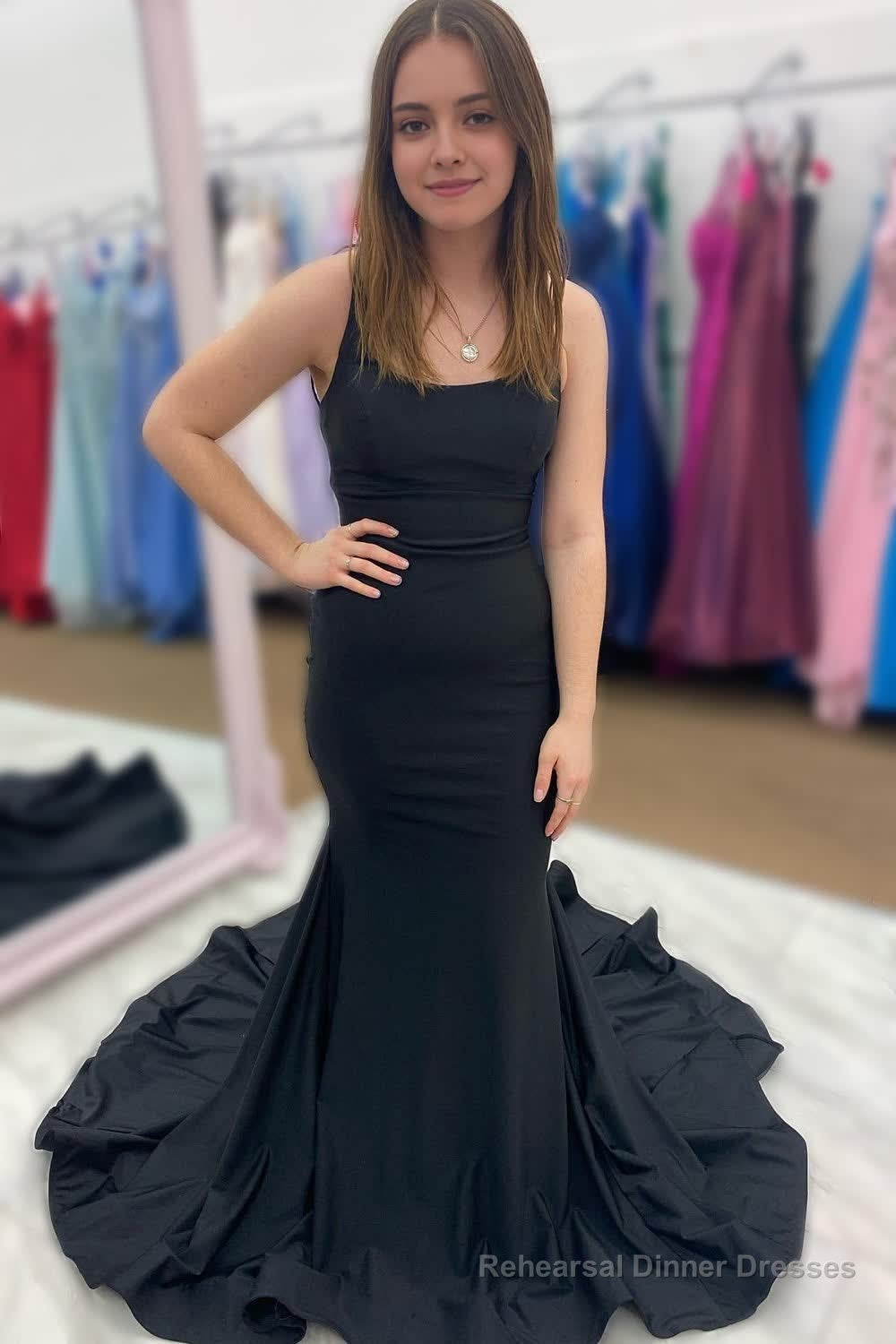 Black Satin Spaghetti Straps Mermaid Prom Dress Main image
