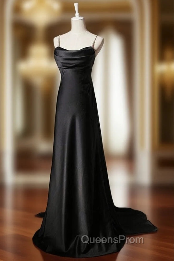 Black Satin Spaghetti Straps Pleats Evening Prom Dress