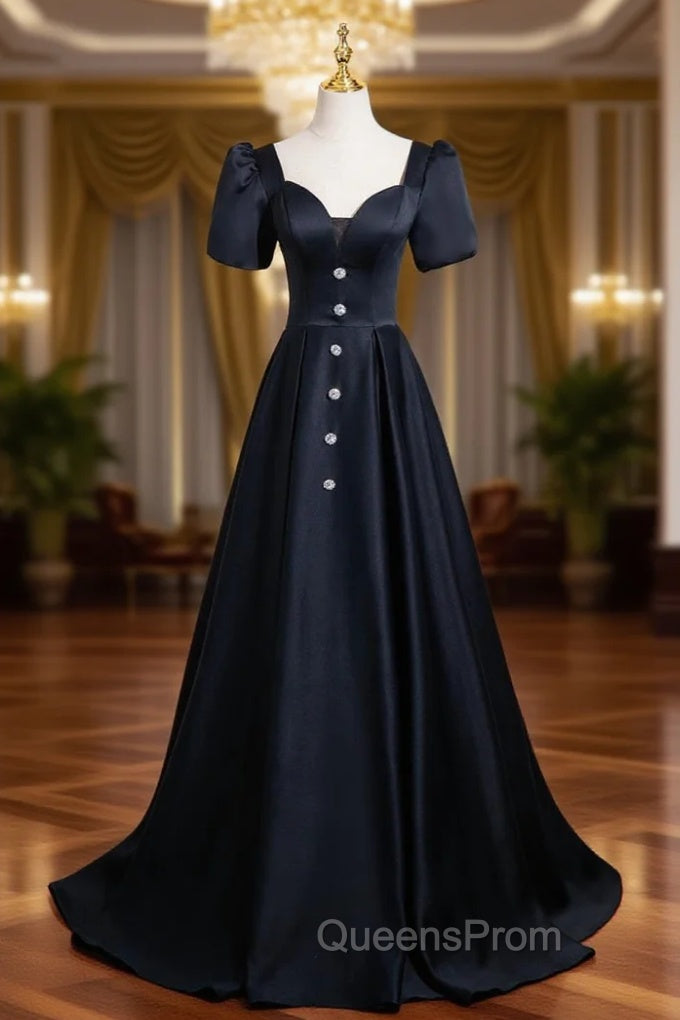 Black Satin Square Neck Short Sleeve Evening Prom Dress