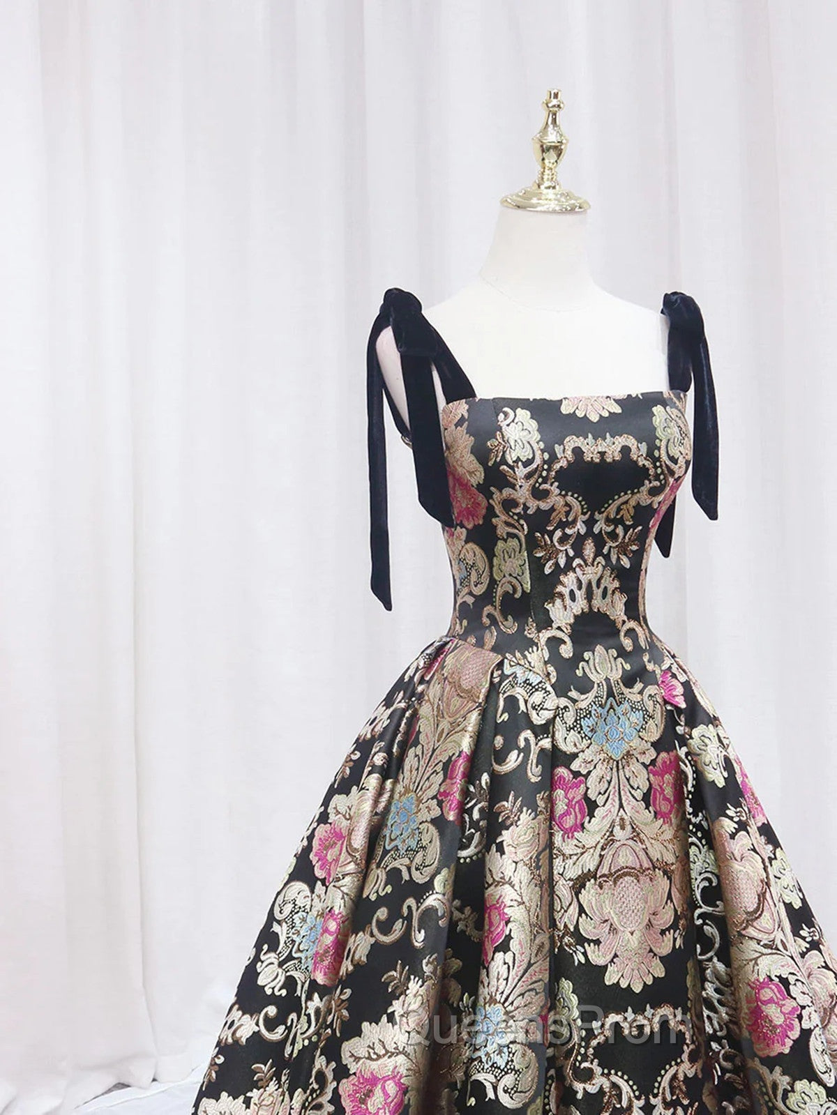 Black Satin Straps A-line Floral Long Evening Dress, Black Evening Dress Secondary image