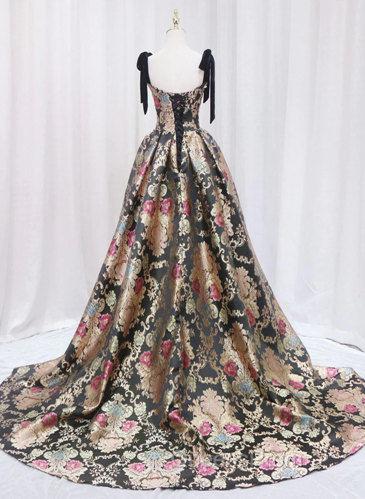 Black Satin Straps A-line Floral Long Evening Dress, Black Evening Dress