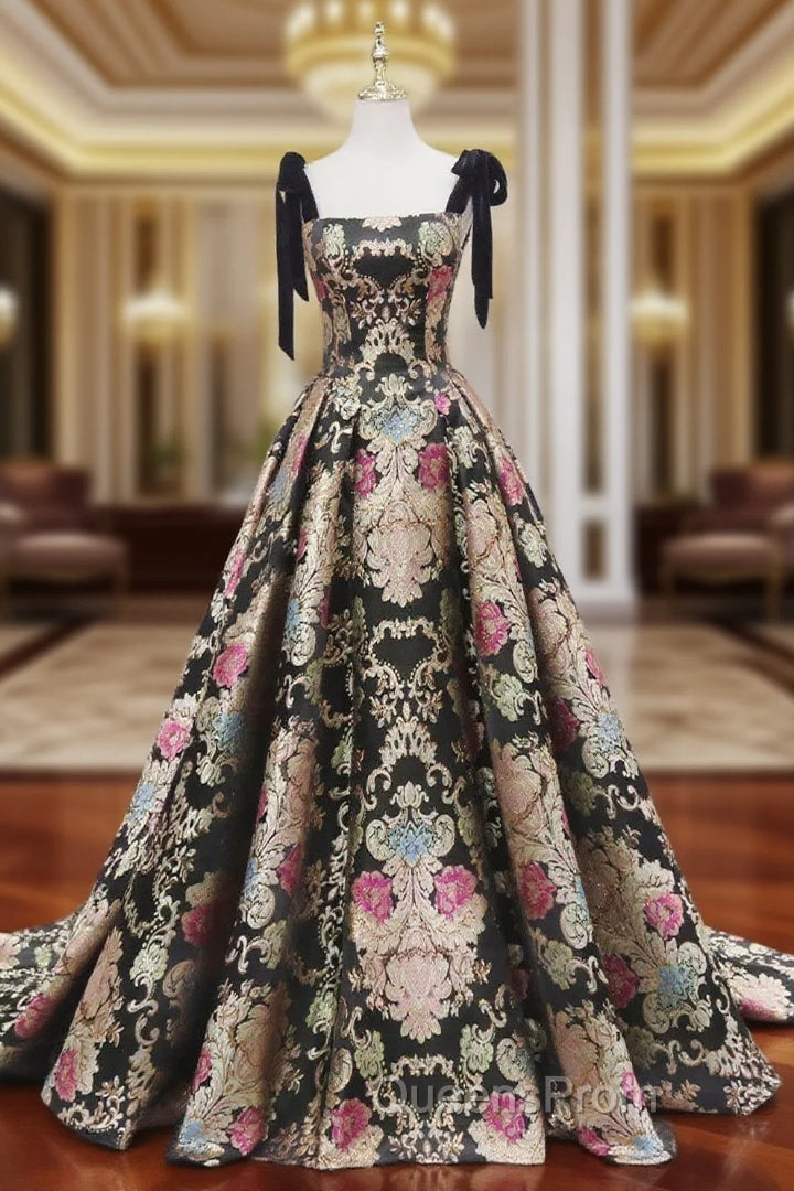 Black Satin Straps A-line Floral Long Evening Dress, Black Evening Dress Main image