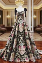 Black Satin Straps A-line Floral Long Evening Dress, Black Evening Dress