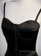 Black Satin Straps Long Party Dress, Black Sweetheart Long Evening Dress Evening Prom Dress