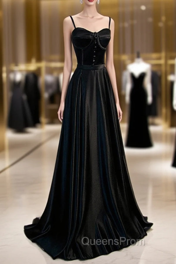 Black Satin Straps Long Party Dress, Black Sweetheart Long Evening Dress Evening Prom Dress Main image