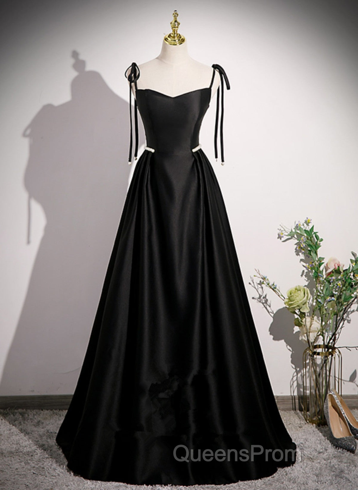 Black Satin Sweetheart Long Evening Prom Dress With Bow, Black Long Evening Dress Secondary image