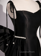 Black Satin Sweetheart Long Evening Prom Dress With Bow, Black Long Evening Dress