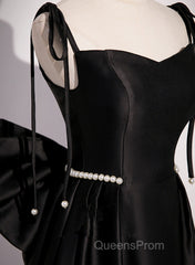 Black Satin Sweetheart Long Evening Prom Dress With Bow, Black Long Evening Dress