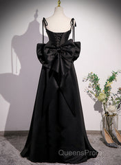 Black Satin Sweetheart Long Evening Prom Dress With Bow, Black Long Evening Dress