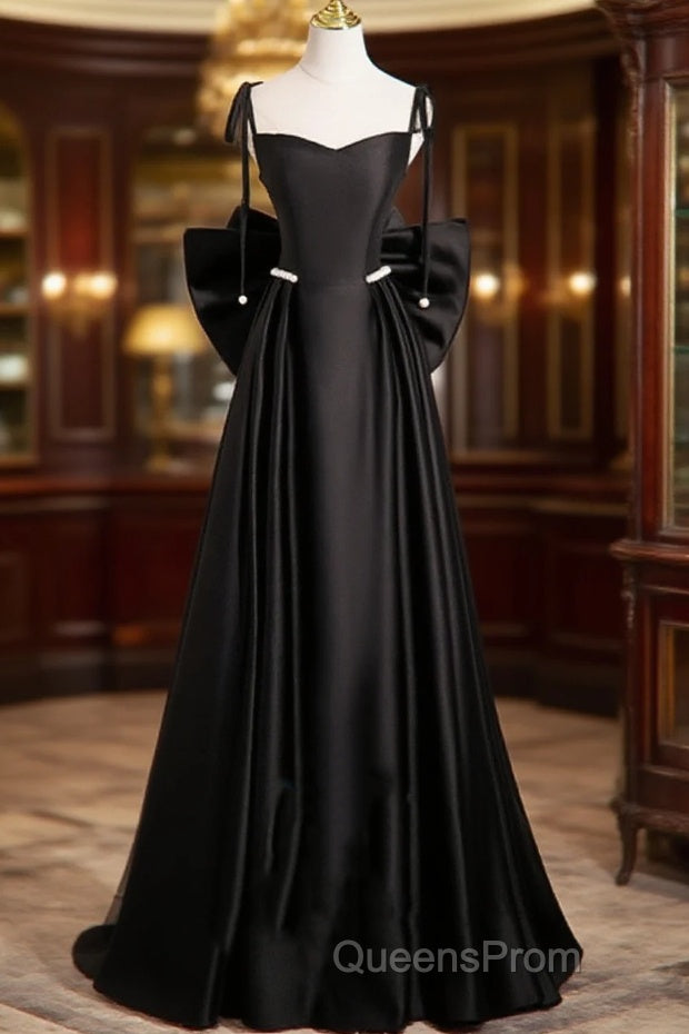 Black Satin Sweetheart Long Evening Prom Dress With Bow, Black Long Evening Dress Main image