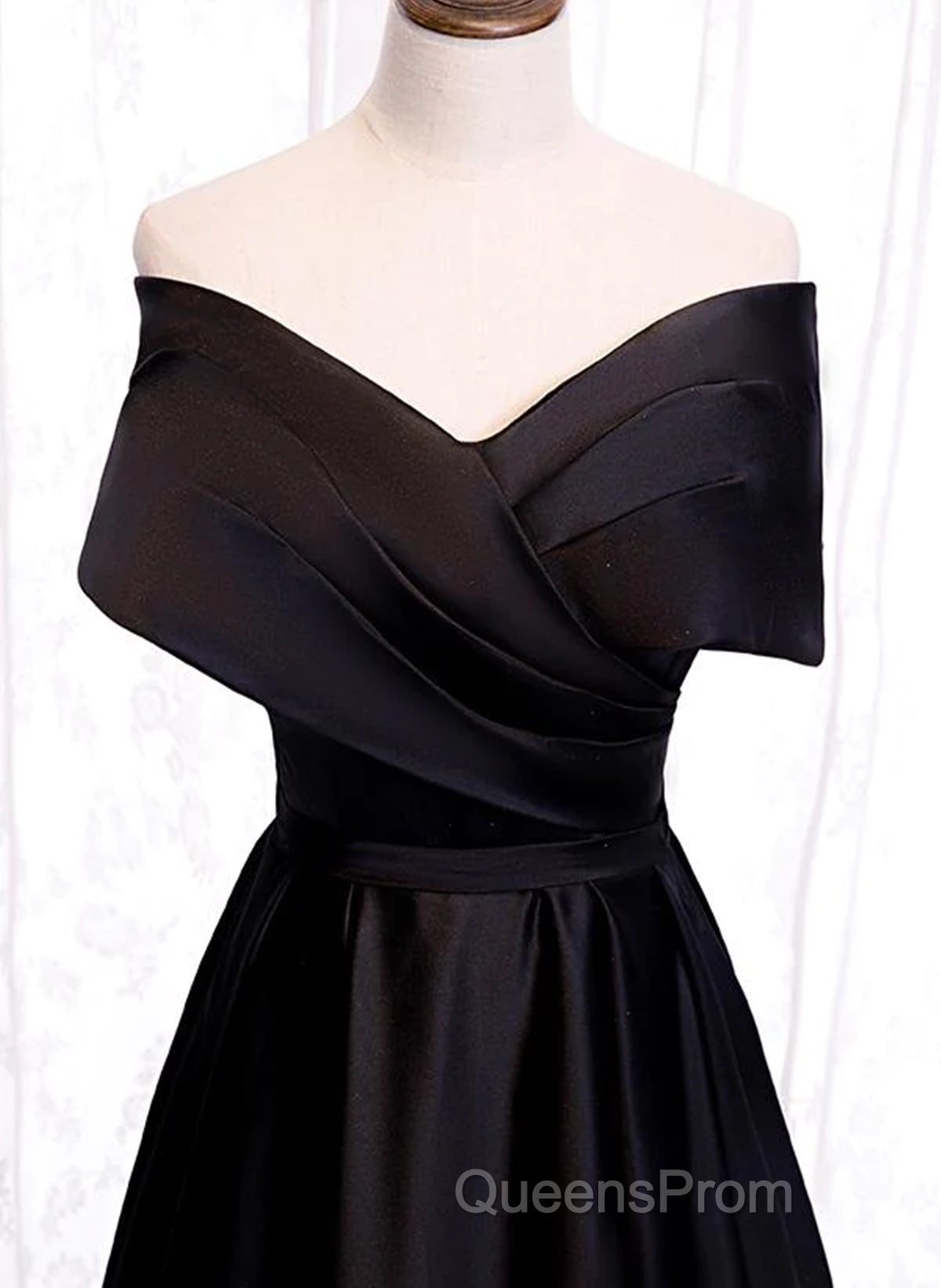 Black Satin Sweetheart Off Shoulder Party Dress, Black A-Line Long Formal Dress Secondary image