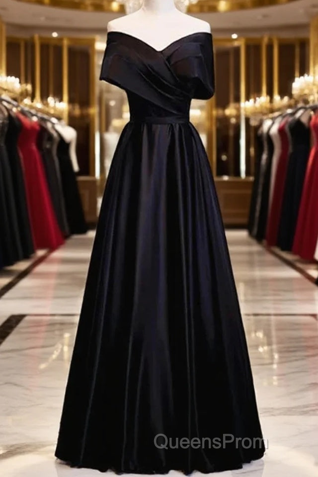 Black Satin Sweetheart Off Shoulder Party Dress, Black A-Line Long Formal Dress Main image