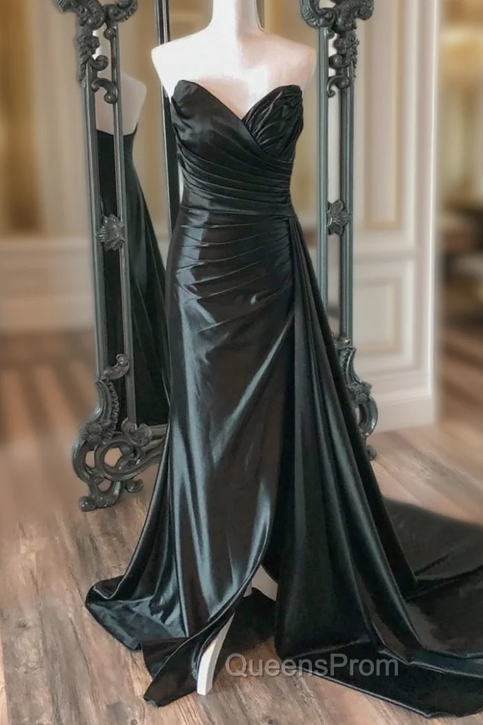 Black Satin Sweetheart Pleats Evening Prom Dress