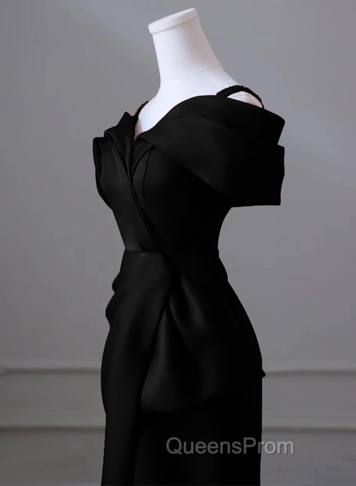 Black Satin Sweetheart Straps Long Evening Dress, Black Long Evening Prom Dress