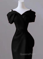 Black Satin Sweetheart Straps Long Evening Dress, Black Long Evening Prom Dress