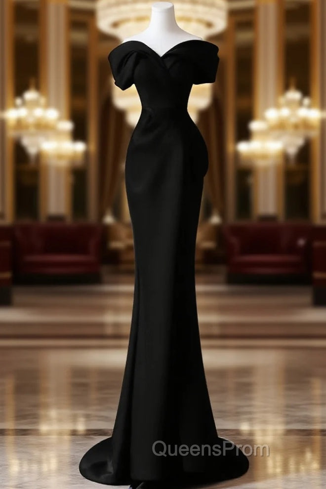 Black Satin Sweetheart Straps Long Evening Dress, Black Long Evening Prom Dress