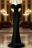 Black Satin Sweetheart Straps Long Evening Dress, Black Long Evening Prom Dress