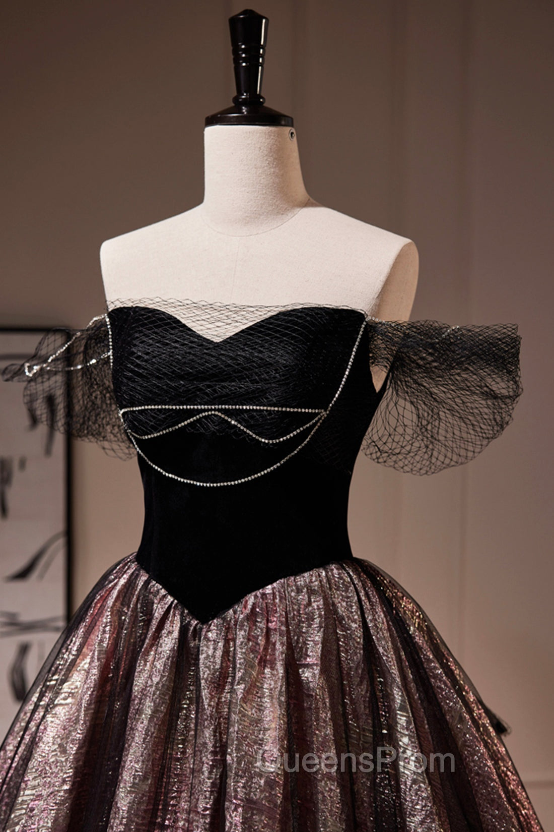 Black Satin Tulle Long Evening Prom Dress, A-Line Off Shoulder Evening Dress Evening Dress Secondary image