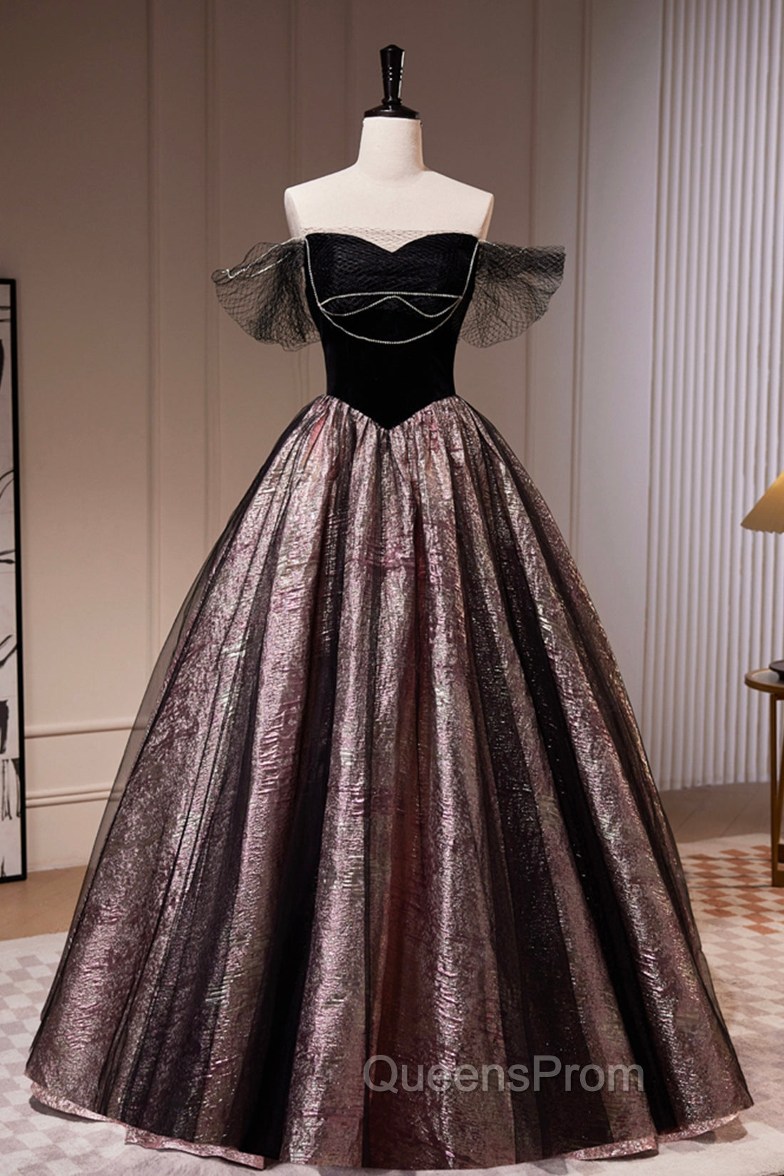 Black Satin Tulle Long Evening Prom Dress, A-Line Off Shoulder Evening Dress Evening Dress Main image