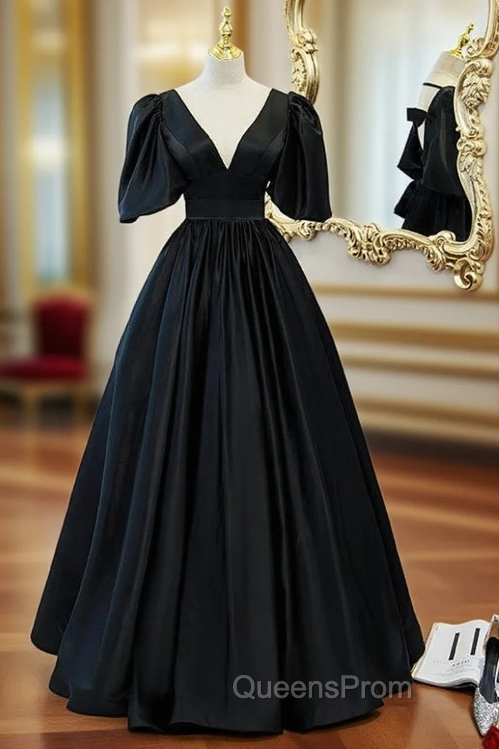 Black Satin V-neck Backless Puff Sleeve Evening Prom Dress