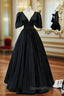 Black Satin V-neck Backless Puff Sleeve Evening Prom Dress