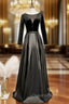 Black Satin Velvet Long Sleeve Button Evening Prom Dress