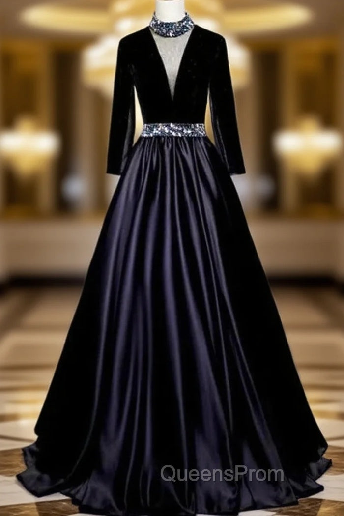 Black Satin Velvet Long Sleeve Crystal Evening Prom Dress
