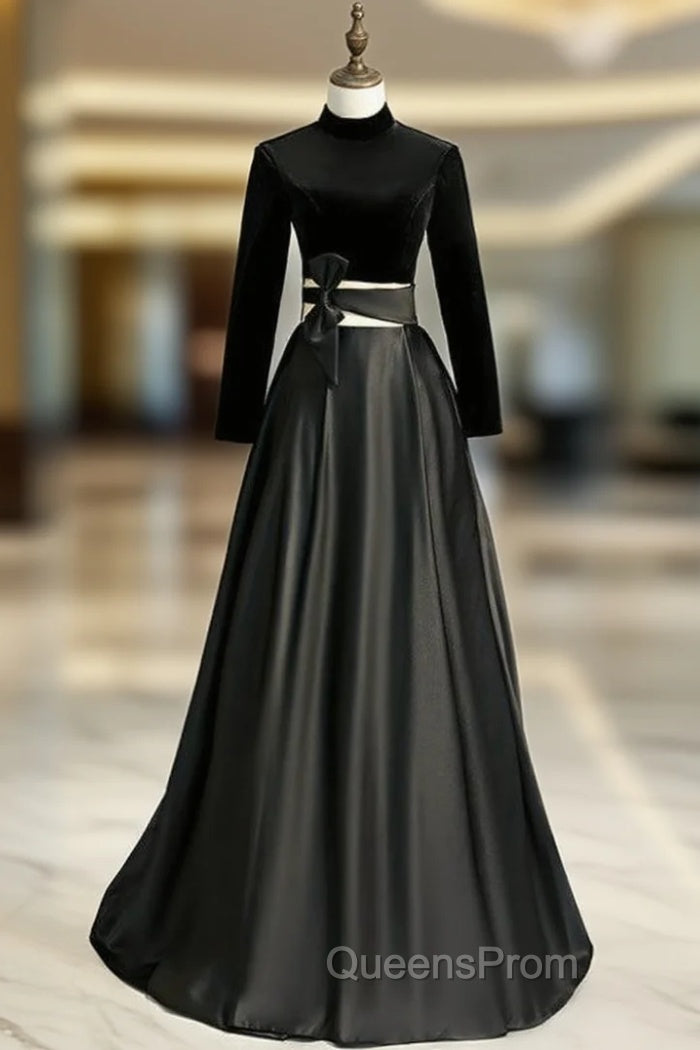Black Satin Velvet Long Sleeve Cut Out Evening Prom Dress