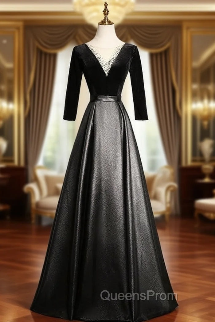 Black Satin Velvet Long Sleeve Evening Prom Dress